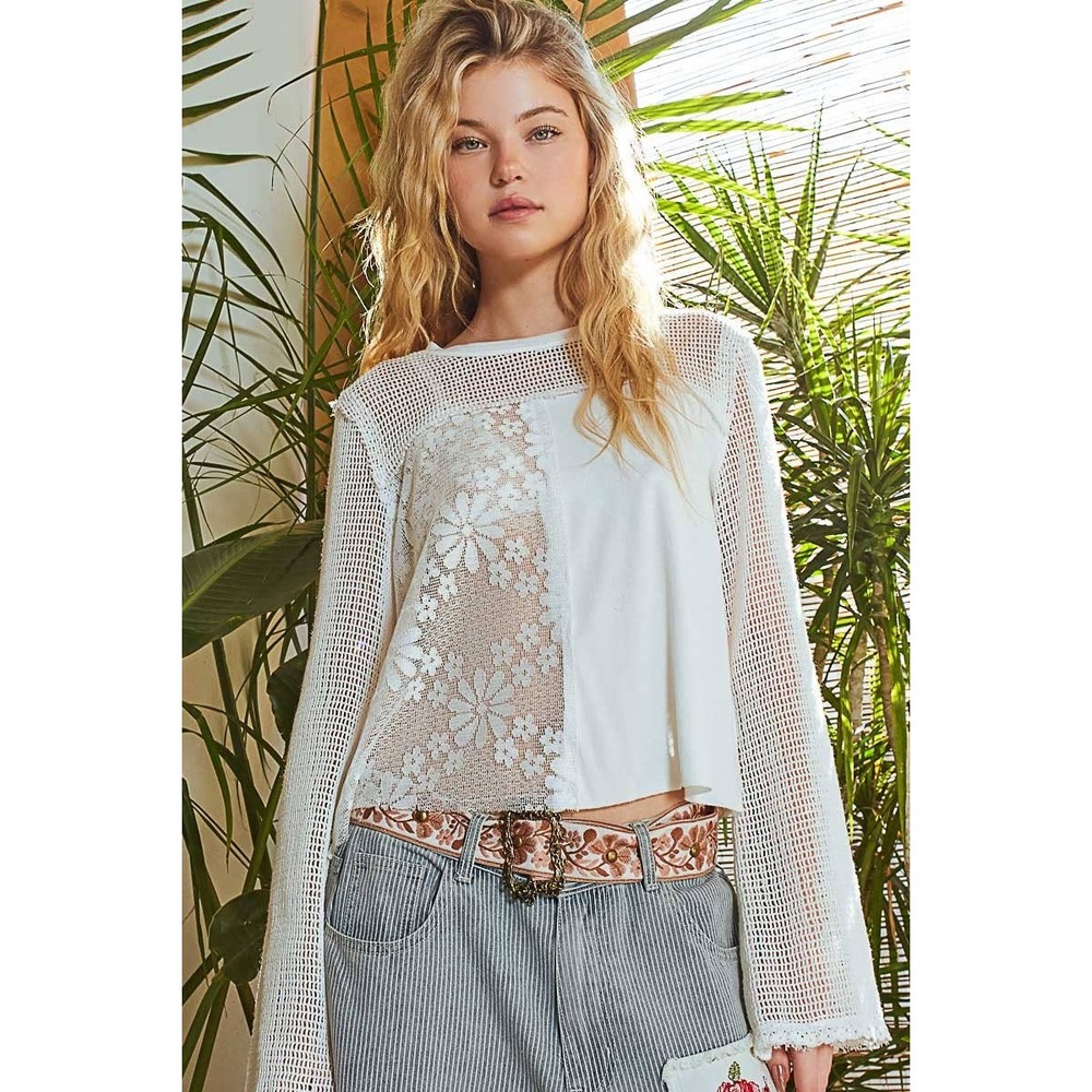 POL Mixed Media Lace Fishnet Mesh Ribbed Long Sleeve Top Cream UKT502 Womens S